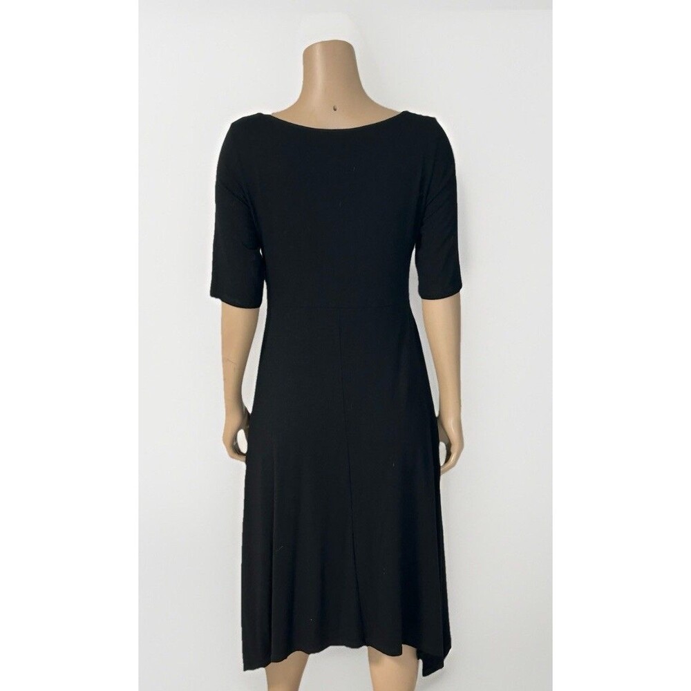 Eileen Fisher Black Dress Midi Jersey Knit Handkerchief Hem Half Sleeves Small - Picture 4 of 6